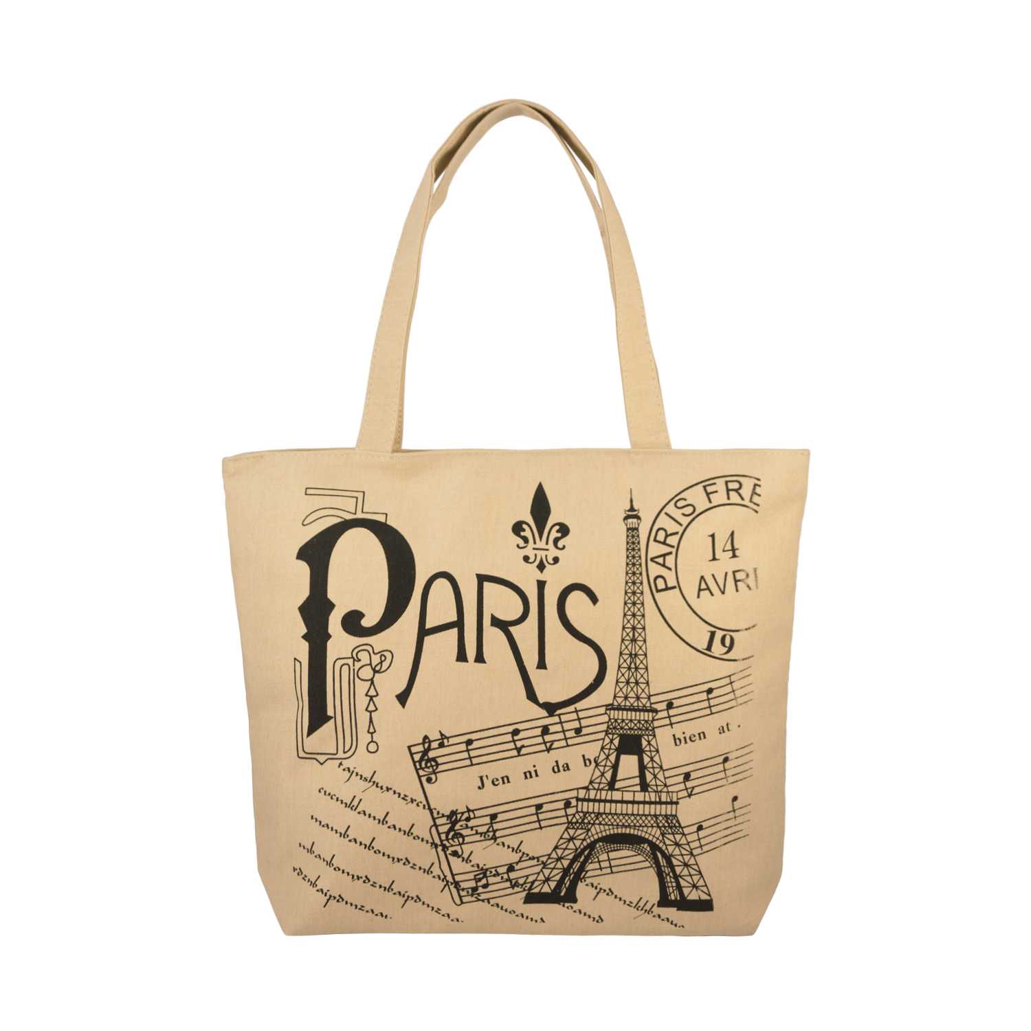 Paris & Music Themed Canvas Tote Bag - Beige - Zestique