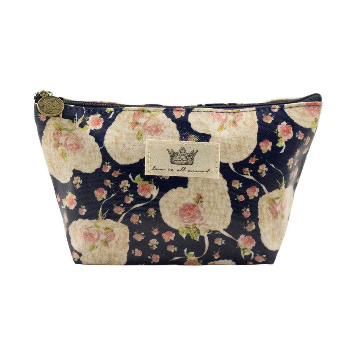 Heart Shape Flower Pattern Cosmetic Pouch Bag - Navy - Zestique