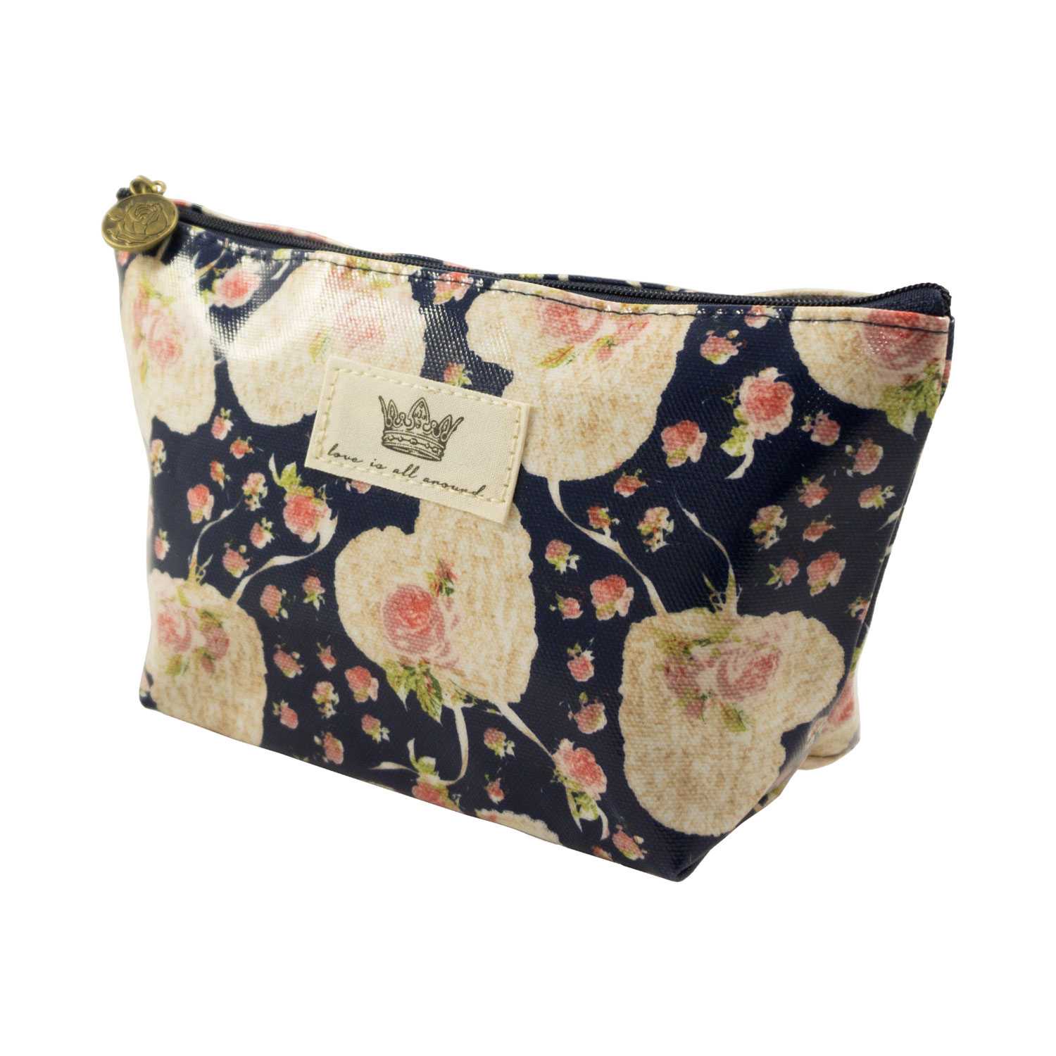 Heart Shape Flower Pattern Cosmetic Pouch Bag - Navy - Zestique