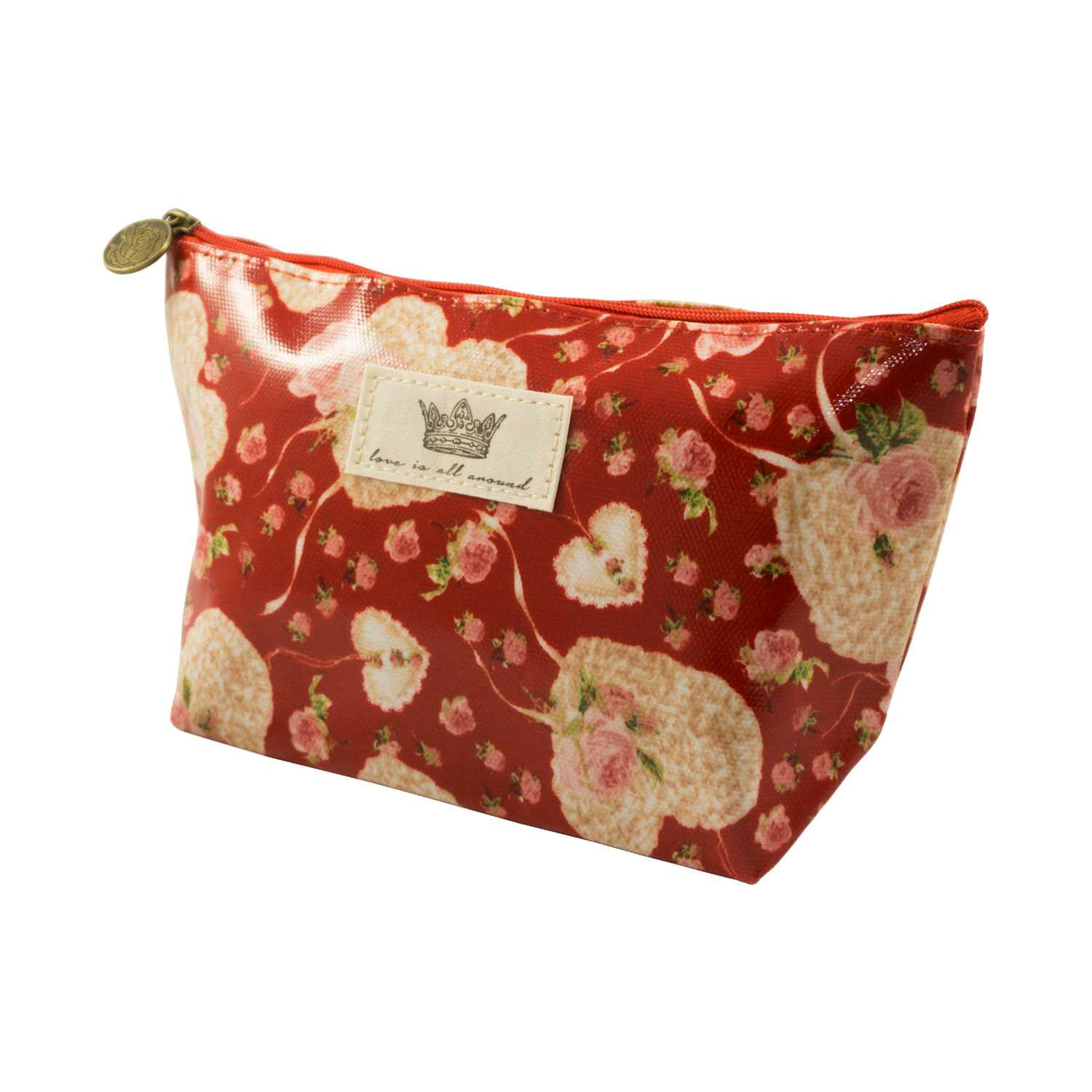 Heart Shape Flower Pattern Cosmetic Pouch Bag - Red - Zestique