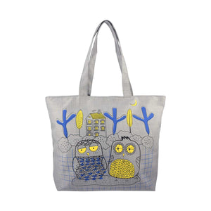 Owl's Town Illustration Canvas Tote Bag - Gray - Zestique