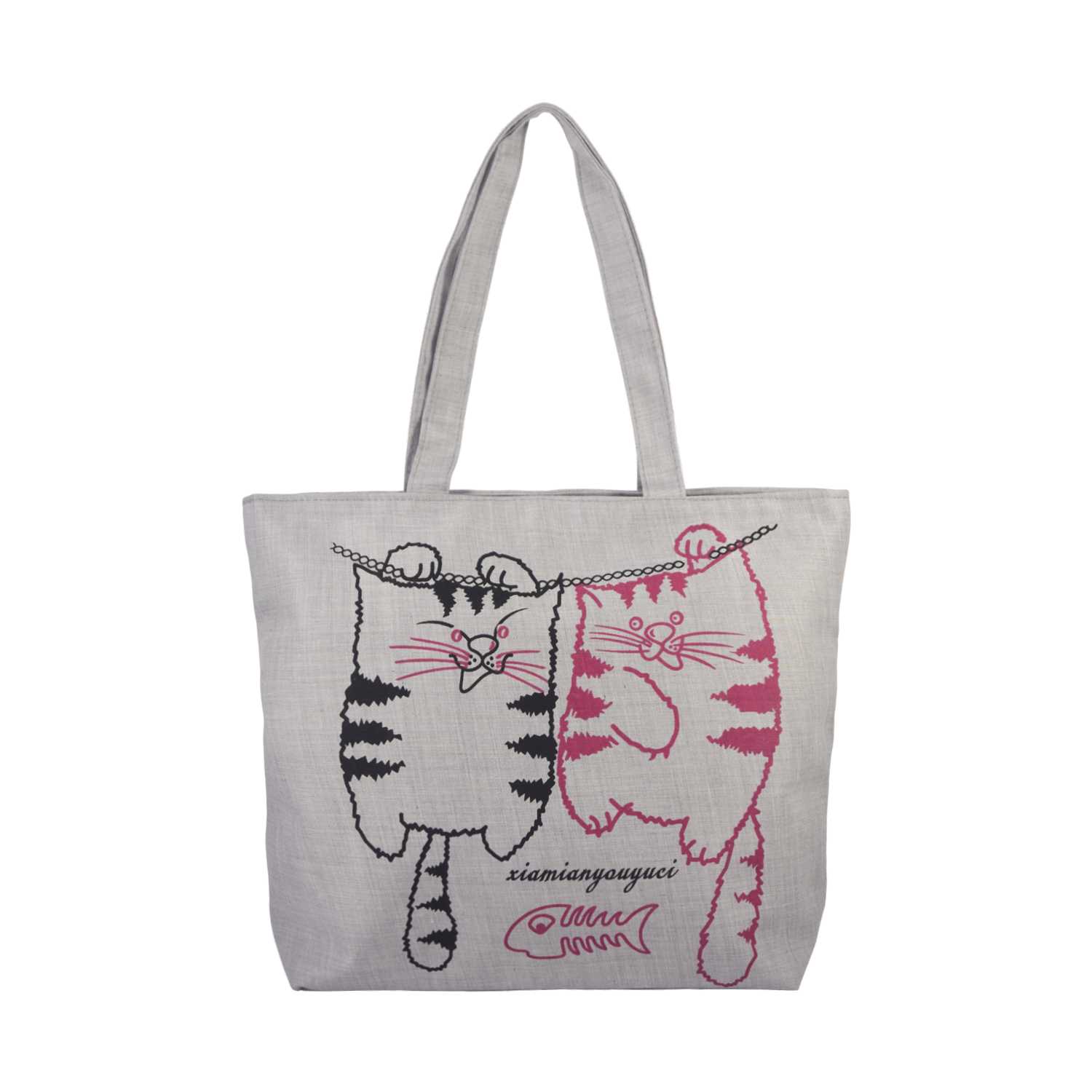 Two Kitties Illustration Canvas Tote Bag - Gray - Zestique