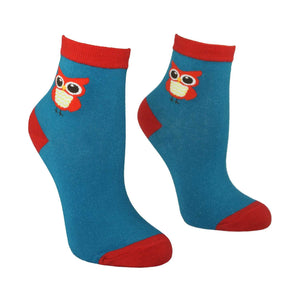Women's Owl Design Crew Socks - Teal - Zestique